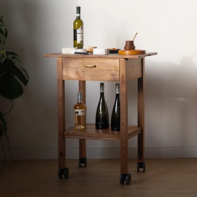 Carro camarera de diseño con Dekton elaborado con madera de nogal y bandeja extraible